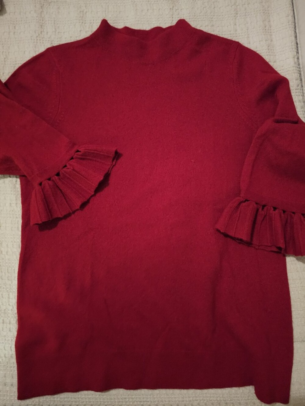 Women's Red Ruffle Cuff Mock Neck Cashmere Sweater